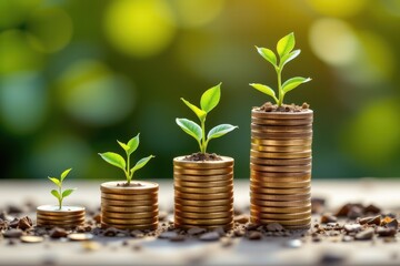 artistic rendering of coin stacks topped with plants growing leaves eco balance prosperity financial growth sustainability wealth green economy money eco friendly design futuristic surreal clean conce