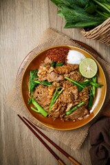 Stir-fried Rice Vermicelli Noodles with Soy Sauce and Pork, thai called Pad see ew