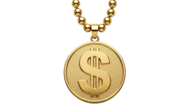 Isolated Dollar Sign Pendant on Gold Chain, Symbolizing Wealth and Prosperity in Gold Tone