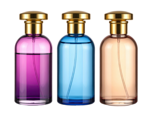 Three perfume bottles, different colors, gold caps