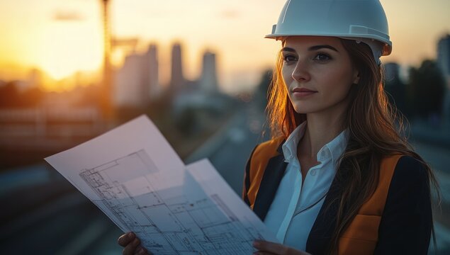 Female engineer in a hard hat examining blueprints with a cityscape backdrop at sunset - Powered by Adobe
