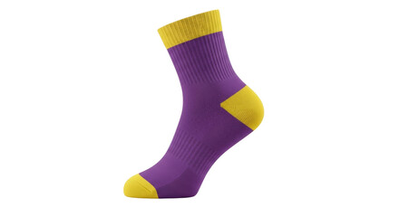 Isolated crew sock in purple and yellow, warm and comfortable footwear for sport, everyday
