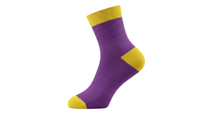 Isolated crew sock in purple and yellow, warm and comfortable footwear for sport, everyday