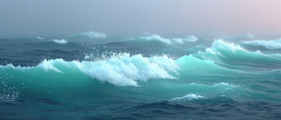 Turquoise Ocean Waves Under Cloudy Sky in Dramatic Lighting