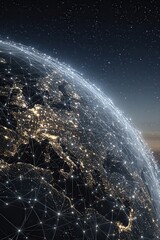 Earth illuminated at night with vast glowing data connections forming a futuristic global IoT communication web