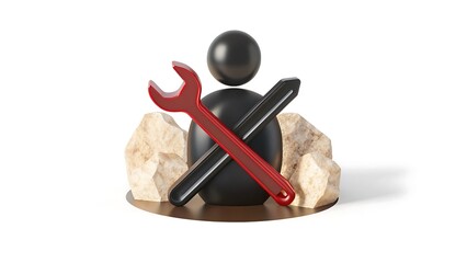3D maintenance icon with red wrench and black screwdriver crossed over abstract figure and stones 
