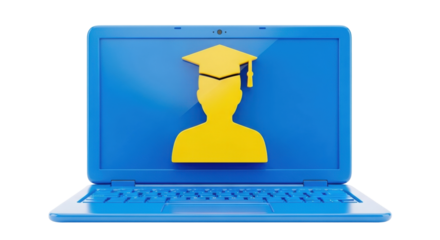 Isolated online graduation on blue laptop screen, educational technology, virtual education