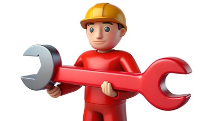 3D cartoon worker character holding large red wrench wearing safety helmet 
