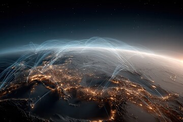 Futuristic communication arcs linking glowing cities across Europe and Asia seen from orbit above Earth