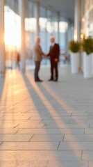 Two Businessmen Shaking Hands Outdoors Under Golden Hour Lighting with Blurred Background