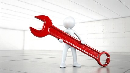 3D humanoid figure holding oversized red wrench in bright minimal space 
