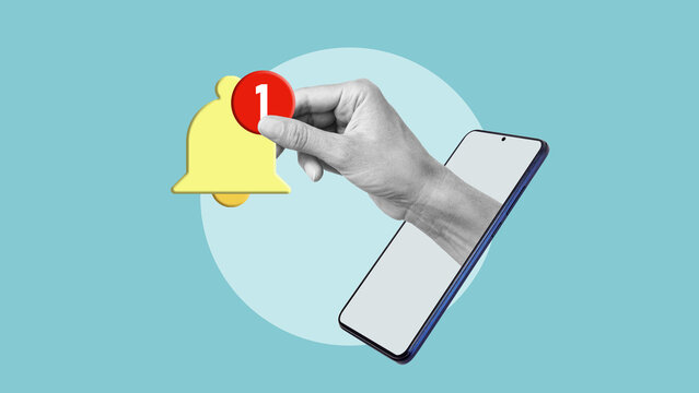 Social media, message, sms, subscribe notice alert and reminder are shown by Hand holding notification bell - Powered by Adobe