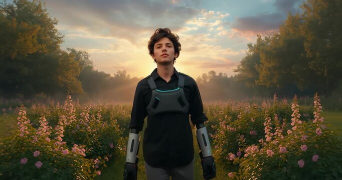 Sunrise light driving male advancing through pink field wearing exo harness and forearm braces
