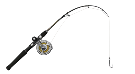 Isolated Fishing Rod and Reel with Line and Hook, angling sport equipment on display