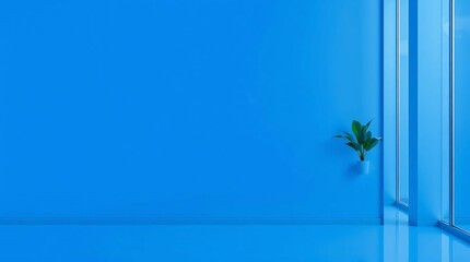 Vibrant Blue with Green Leaf: A solitary, small green leaf elegantly accentuates a vibrant blue space, symbolizing nature’s persistence and beauty within a modern, minimalist environment.
