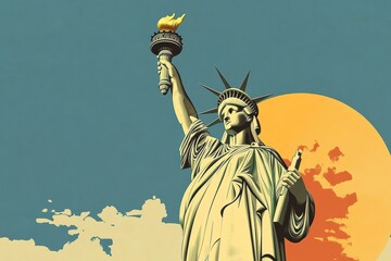 Fototapeta premium Graphic layout showcasing the iconic Statue of Liberty against a vibrant sunset background