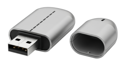 Isolated metallic USB drive with cap removed for data storage & file transfer usage indoors
