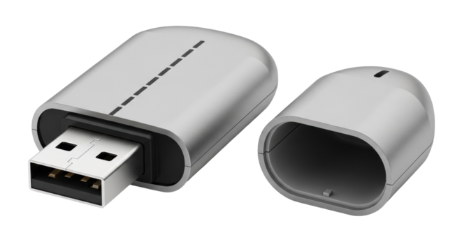 Isolated metallic USB drive with cap removed for data storage & file transfer usage indoors