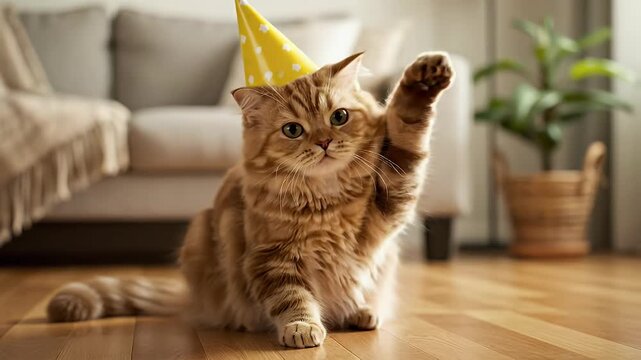 Adorable fluffy cat in yellow party hat raising paw, celebrating birthday or special occasion indoors