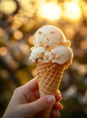 A hand holds a waffle cone overflowing with ice cream, bathed in golden sunlight