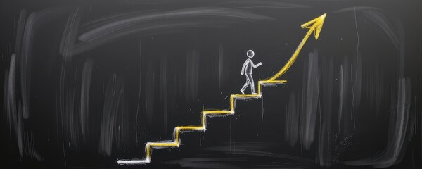 a minimalist chalk drawing on blackboard of a person climbing upward stairs leading to success with an arrow pointing forward representing growth motivation and achievement in business career goals