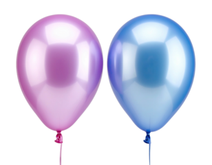 Two iridescent balloons, one pinkish-purple and one sky blue, on black background