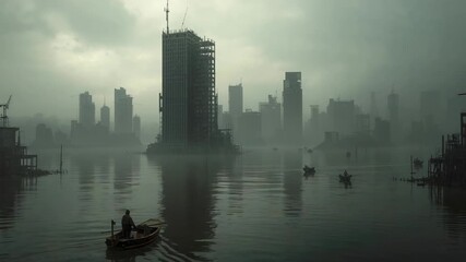 Frame showing solitary rower gliding across foggy river, with workers converging under bare tower - Powered by Adobe
