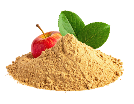 Red apple atop a mound of light brown powder, with leaves