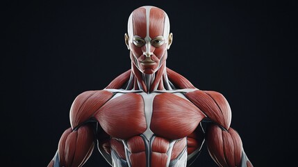 Detailed anatomy of the human torso, muscles of the chest. shoulders and neck, well-defined body structure