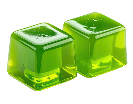 Two vibrant green, square jelly cubes, glossy and translucent, appear to be close together - Powered by Adobe