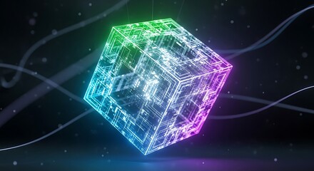A luminous, rainbow-colored cube with intricate circuit patterns floating in a dark, abstract digital space.