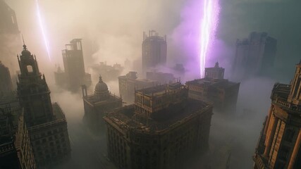 Evolving faint purple glow forming tall energy beams above foggy rooftops, with crackling tendrils - Powered by Adobe