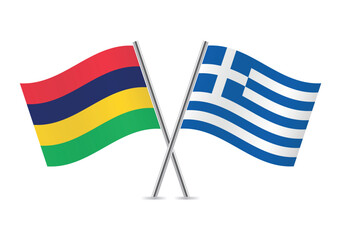 Mauritius and Greece crossed flags. Mauritian and Greek flags on a white background. Vector icon set. Vector illustration.