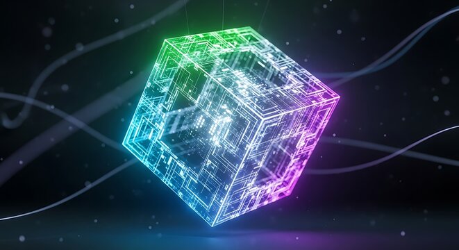 A luminous, rainbow-colored cube with intricate circuit patterns floating in a dark, abstract digital space.