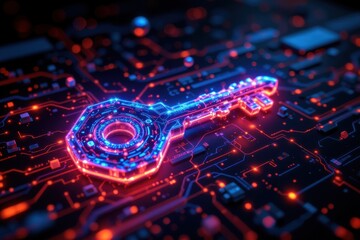 Fototapeta premium futuristic glowing hologram key floating in the dark, surrounded by light particles, symbol of cyber world protection, ultra detailed render, cinematic sci fi concept, 8k hyper realism