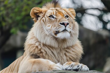Majestic white tiger resting on a rock under a sunny sky