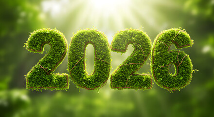 2026 text with small leaves floating on a green background, symbolizing the celebration of 2026