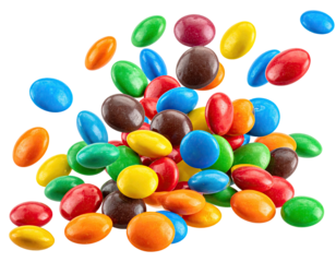 Colorful, round candies in various vibrant colors explode from a central cluster against a black background