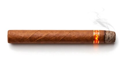 Lit cigar with glowing ember and smoke on white background close-up 
