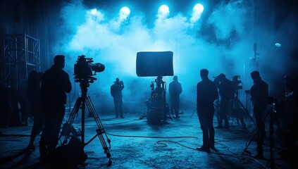 Silhouetted figures and equipment film on a stage with blue lighting and fog effects