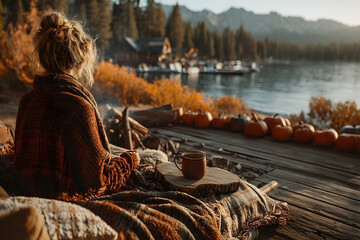 Serene Autumn Lakeside Retreat with Warm Blanket and Seasonal Decor