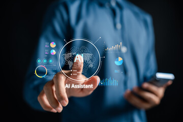 AI assistant interface with data analytics, charts, and graphs on digital screen.