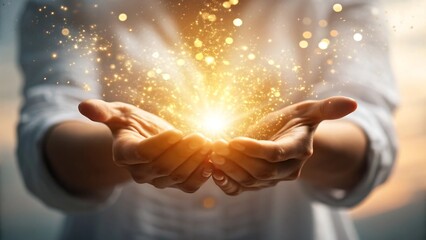 "Person Holding Glowing Golden Light with Sparkles in Hands Symbolizing Energy and Hope"