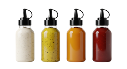 Assortment of sauces in squeeze bottles Isolated on transparent background for culinary use
