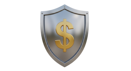 Isolated shiny golden dollar symbol on shield, a metaphor for financial safety and security