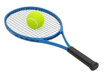 A bright yellow tennis ball resting on a blue tennis racket Isolated on transparent background