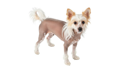Isolated Chinese Crested dog, hairless breed, tan skin and white fur, curious and adorable