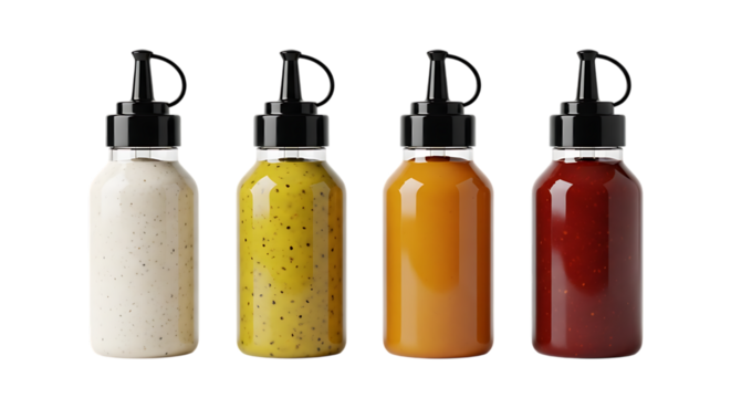 Assortment of sauces in squeeze bottles Isolated on transparent background for culinary use