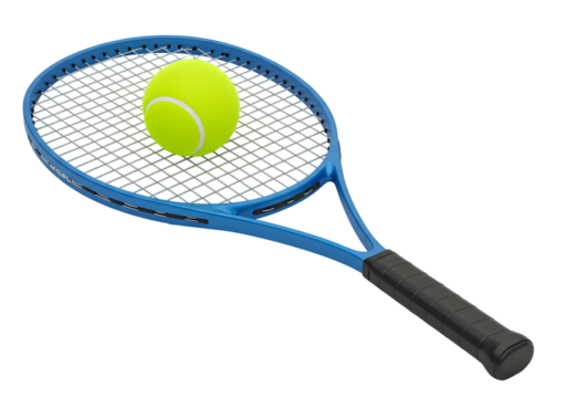 A bright yellow tennis ball resting on a blue tennis racket Isolated on transparent background