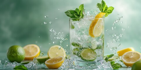 Refreshing cocktail with splashing water, ice, lemon, lime, and mint garnishing a highball glass